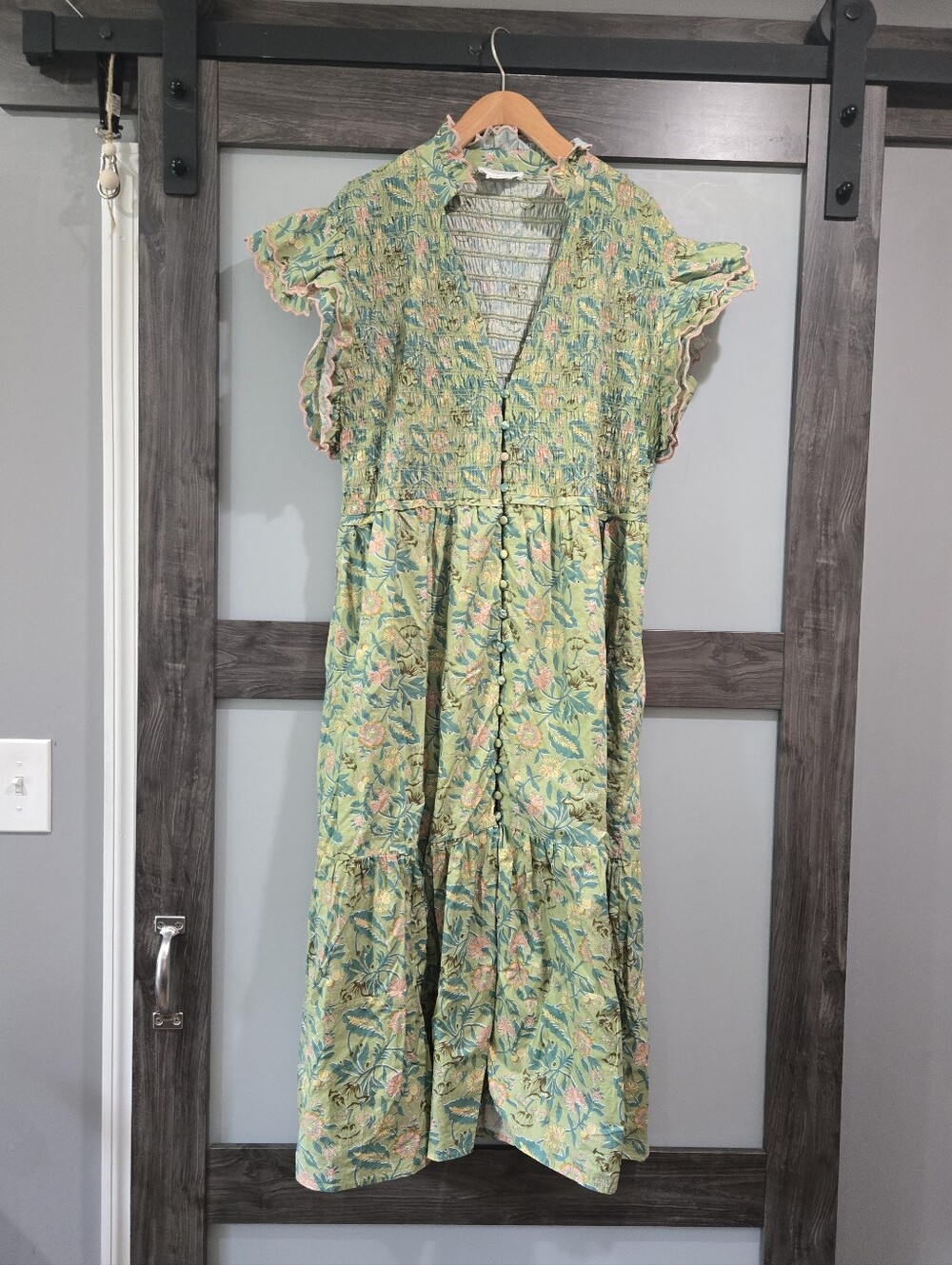 Chic Soul Green Floral Smocked Button Front Midi Dress Plus 3X Cotton